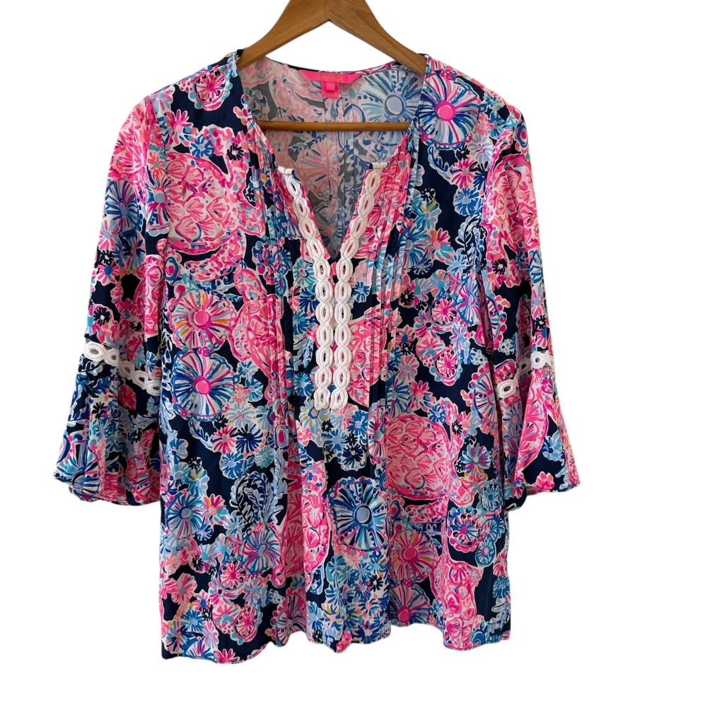Lilly Pulitzer Hollie Tunic Top Womens M Pink Oasis Floral Boho Beach Crochet
